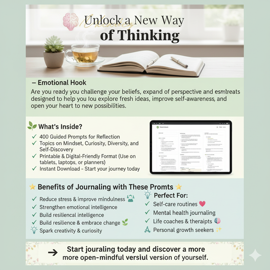 400 Open Minded Journal Prompts | Self-Reflection, Mindset Growth & Personal Development PDF | Digital Journal Prompts for Mindfulness & Creativity