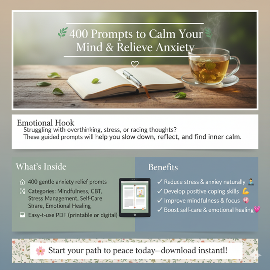 400 Anxiety Relief Journal Prompts | Mental Health & Self-Care PDF | Guided Writing for Stress, Mindfulness & Healing | Digital Download