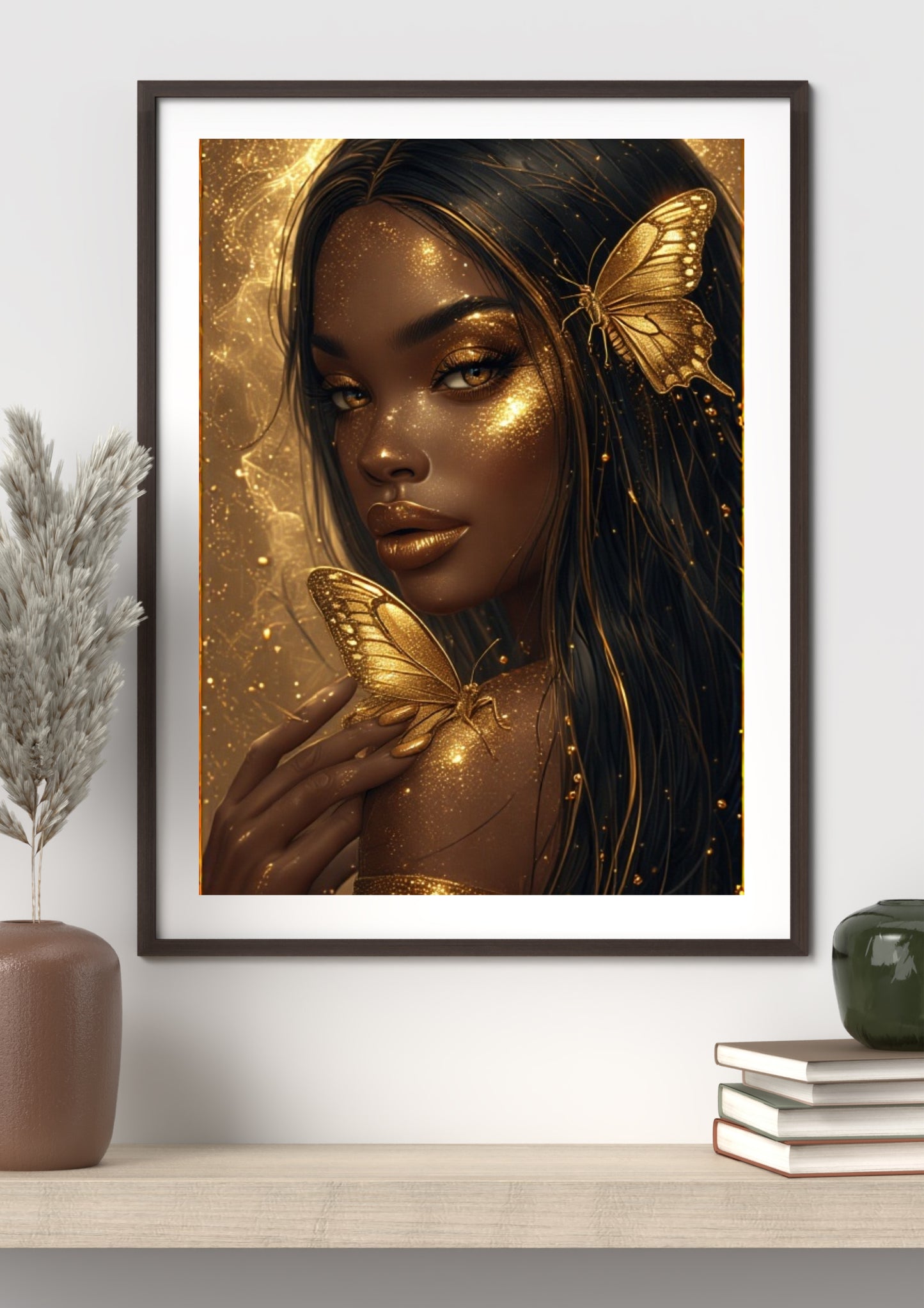 Golden Enchantress | Black Woman Digital Art with Butterflies – Glam Melanin Printable Decor