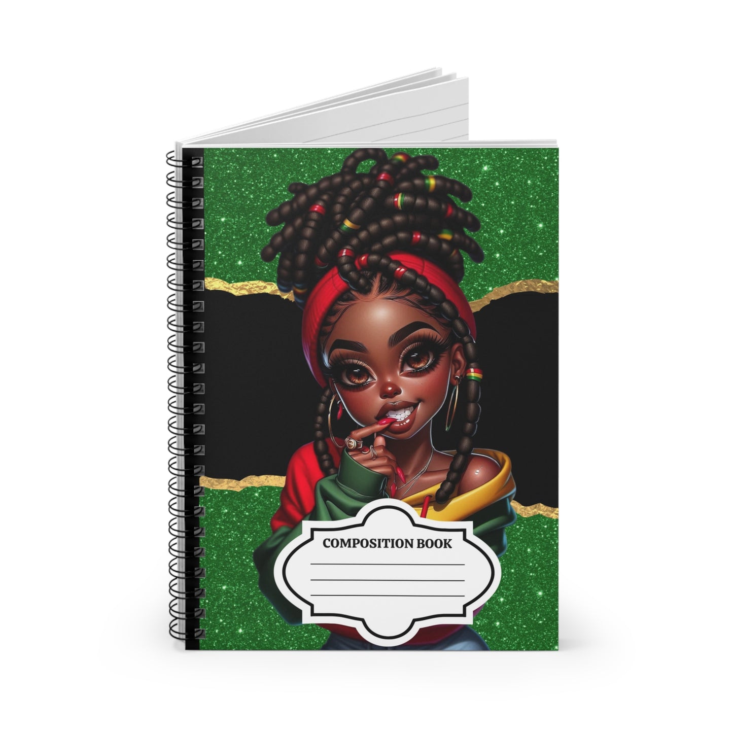 Rasta Afro Girl Composition Notebook — Sparkling Green Spiral Ruled Journal