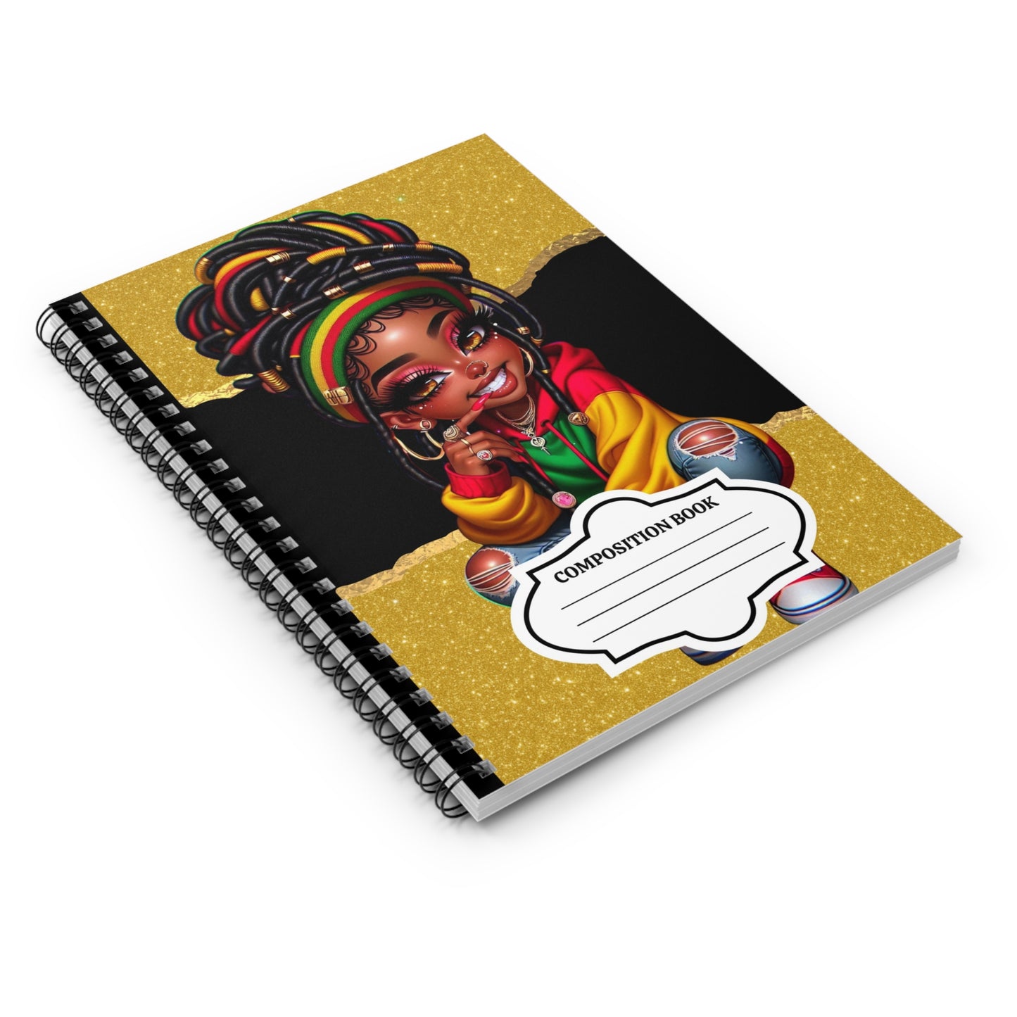 Rasta Girl Composition Notebook — Spiral Ruled Notebook with Gold Glitter Background