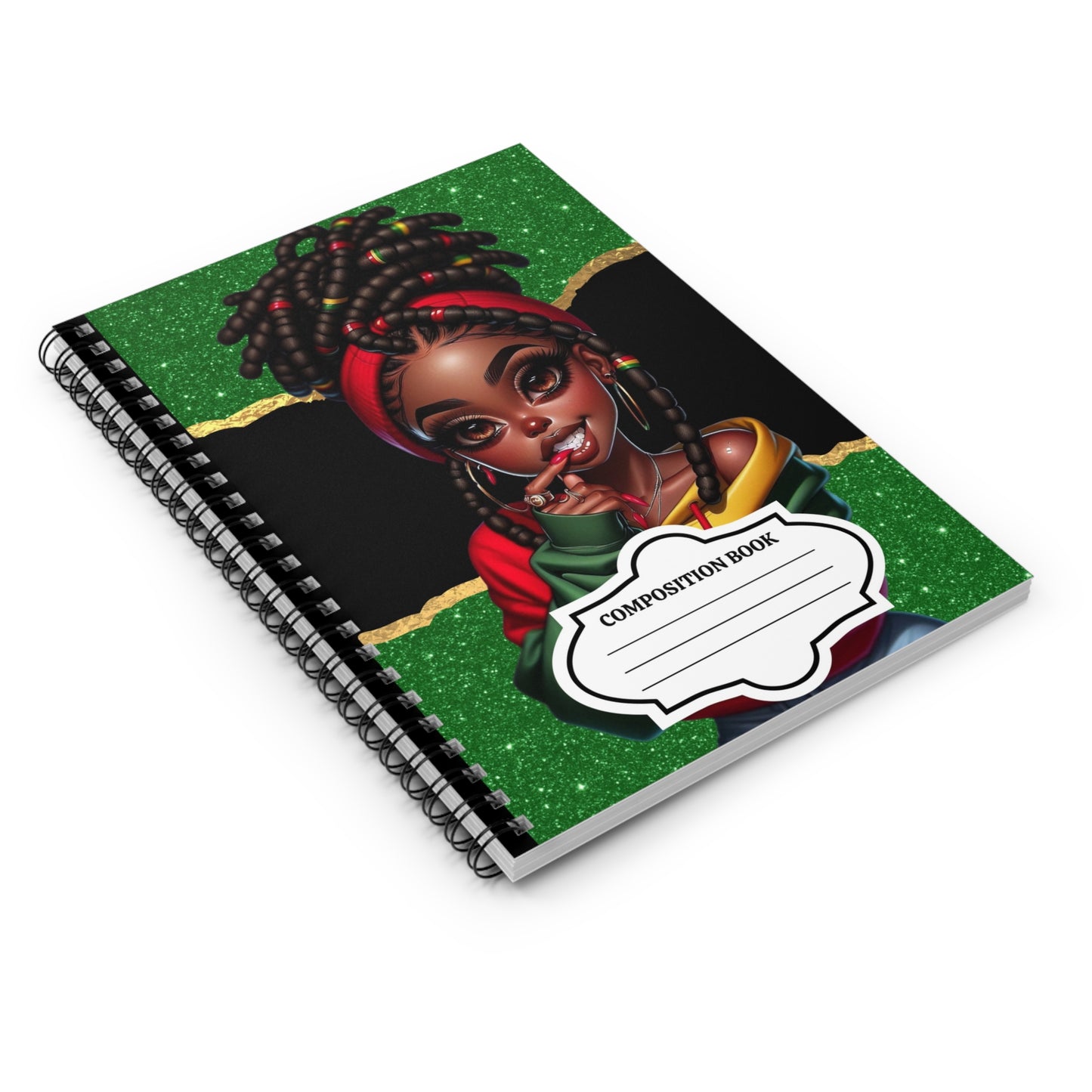 Rasta Afro Girl Composition Notebook — Sparkling Green Spiral Ruled Journal