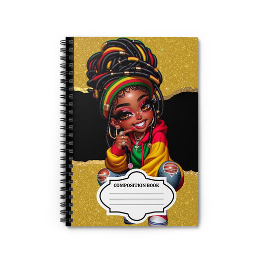 Rasta Girl Composition Notebook — Spiral Ruled Notebook with Gold Glitter Background