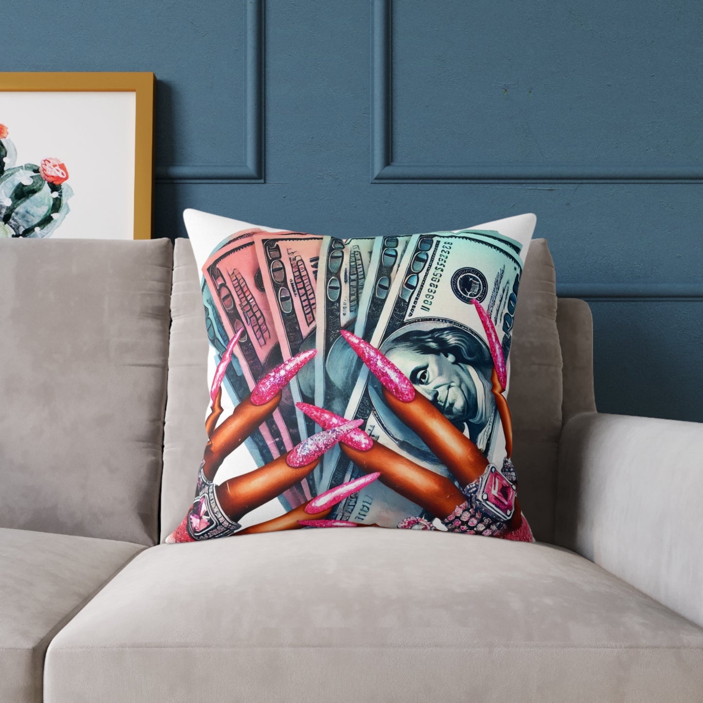 Chic Money Pillow, Square Poly Canvas Pillow, Home Decor, Fun Accent Pillow, Gift for Her, Unique Pillow Design, Money Vibes
