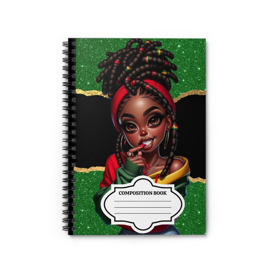 Rasta Afro Girl Composition Notebook — Sparkling Green Spiral Ruled Journal