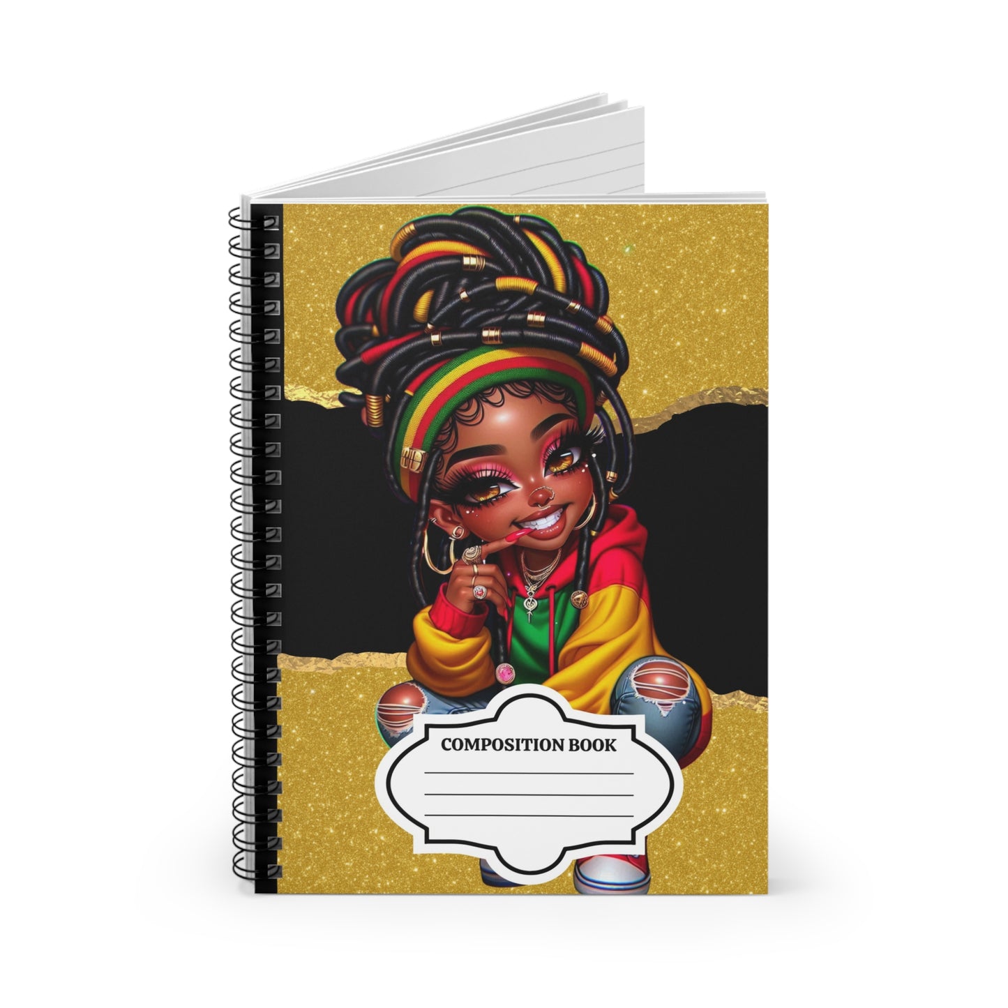 Rasta Girl Composition Notebook — Spiral Ruled Notebook with Gold Glitter Background