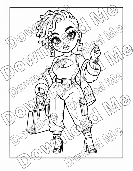 Baddie Fashion Diva Coloring Page | Fierce Afrocentric Woman with Curly Hair, Heels & Handbag | Stylish Digital Download Coloring Sheet for Teens & Adults