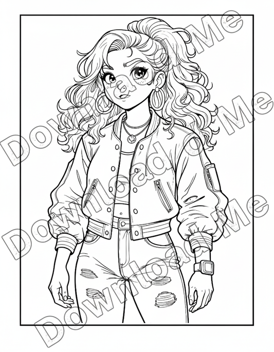Trendy Girl Coloring Page | Retro 90s Fashion Coloring Sheet | Digital Download for Teens & Adults | Printable Stress Relief Art