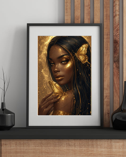 Golden Enchantress | Black Woman Digital Art with Butterflies – Glam Melanin Printable Decor