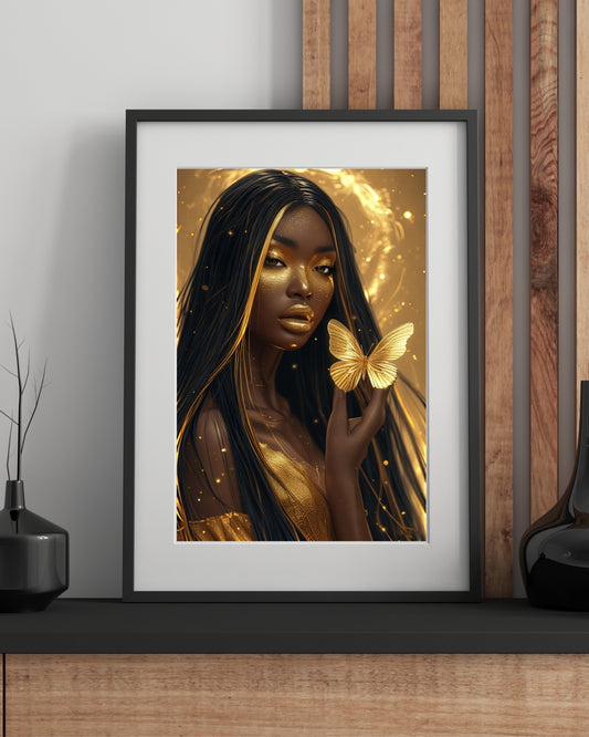 Golden Aura | Afrocentric Digital Black Woman Art with Butterfly – Glam Melanin Wall Decor