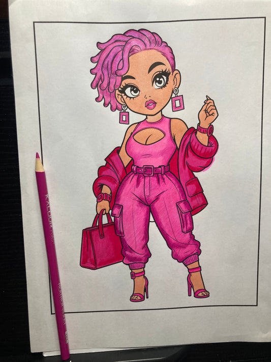 Baddie Fashion Diva Coloring Page | Fierce Afrocentric Woman with Curly Hair, Heels & Handbag | Stylish Digital Download Coloring Sheet for Teens & Adults