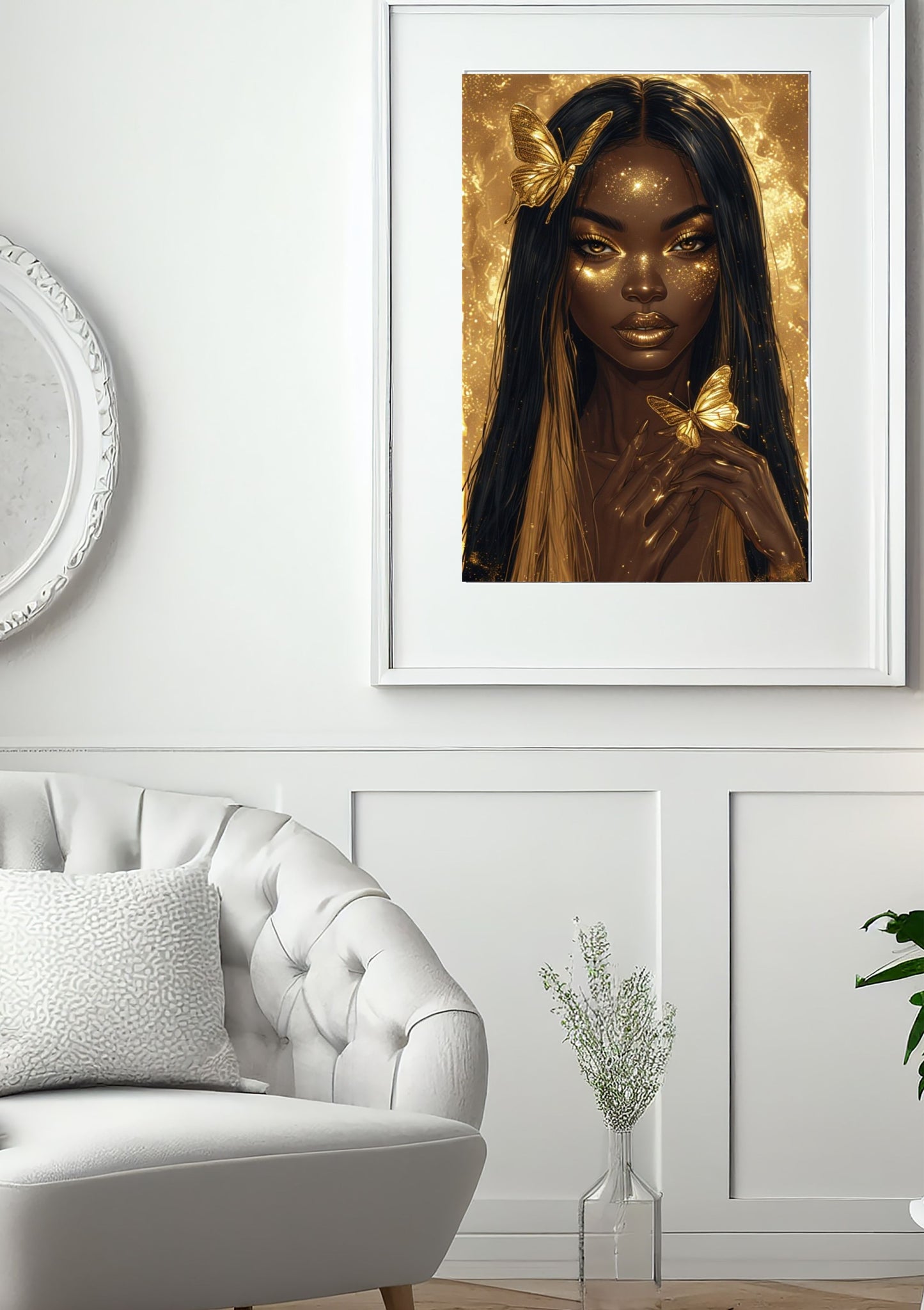 Golden Grace: Radiant Black Woman Digital Art with Gold Butterfly | Melanin Magic Wall Decor