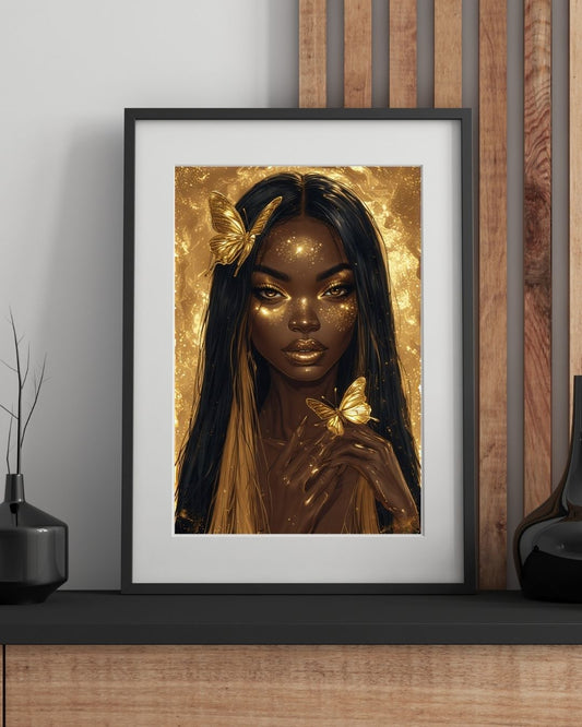 Golden Grace: Radiant Black Woman Digital Art with Gold Butterfly | Melanin Magic Wall Decor