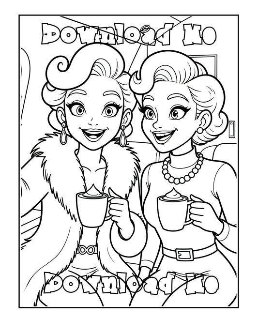 Winter Getaway – Cozy Best Friends Coloring Page | Fashion Winter Printable Art