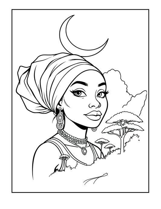 African Queen Beauty Coloring Page | Stunning Headwrap Portrait Digital Download | Cultural Art Therapy Print | Black Woman Melanin Magic | Traditional African Landscape | Adult Coloring Masterpiece