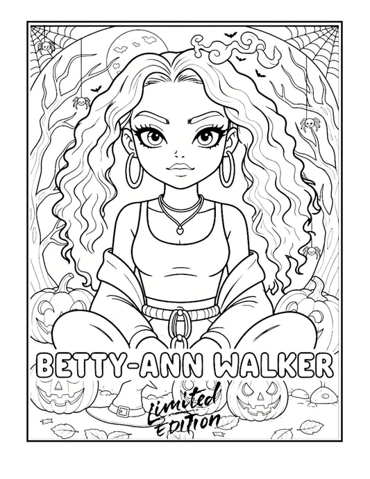 Betty-Ann Walker Halloween Witch Coloring Page | Spooky Season Digital Download | Halloween Limited Edition Print | Creepy Cute Coloring Page | Halloween Adult Coloring Masterpiece