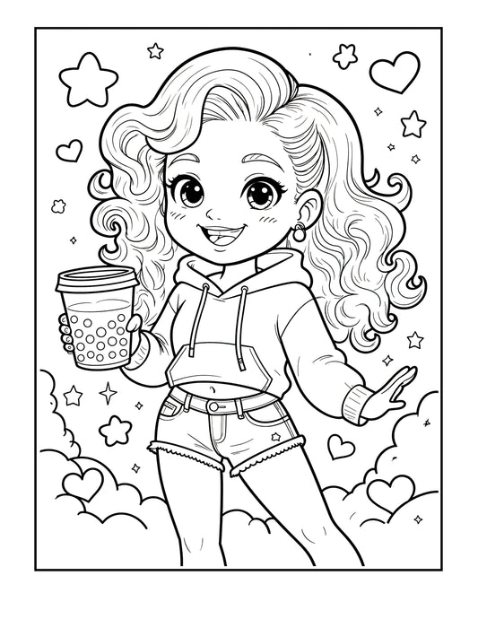 Bubble Tea Aesthetic Girl Coloring Page | Trendy Boba Girl Digital Download | Kawaii Bubble Tea Art  Cute Boba Tea Coloring