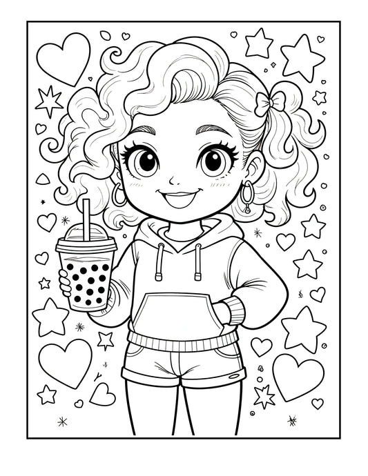 Kawaii Boba Tea Girl Coloring Page - Digital Download for Kids & Teens - Cute Printable Art