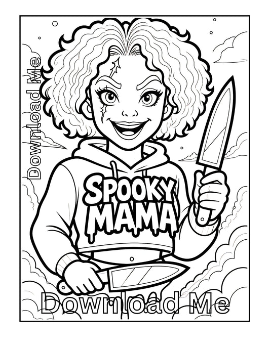 Spooky Mama Halloween Coloring Page - Printable Gothic Art, Witchy Mama Gift, Stress-Relief For Adults